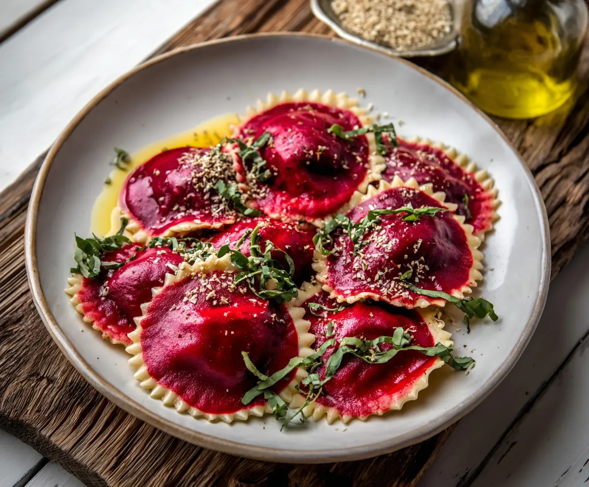 Delicious beet ravioli with vibrant red color served on a white plate