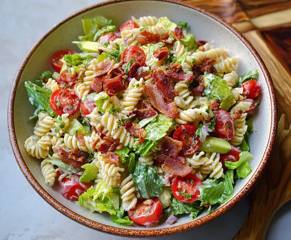 Delicious BLT Pasta Salad with crispy bacon, fresh tomatoes, and pasta under a light dressing.
