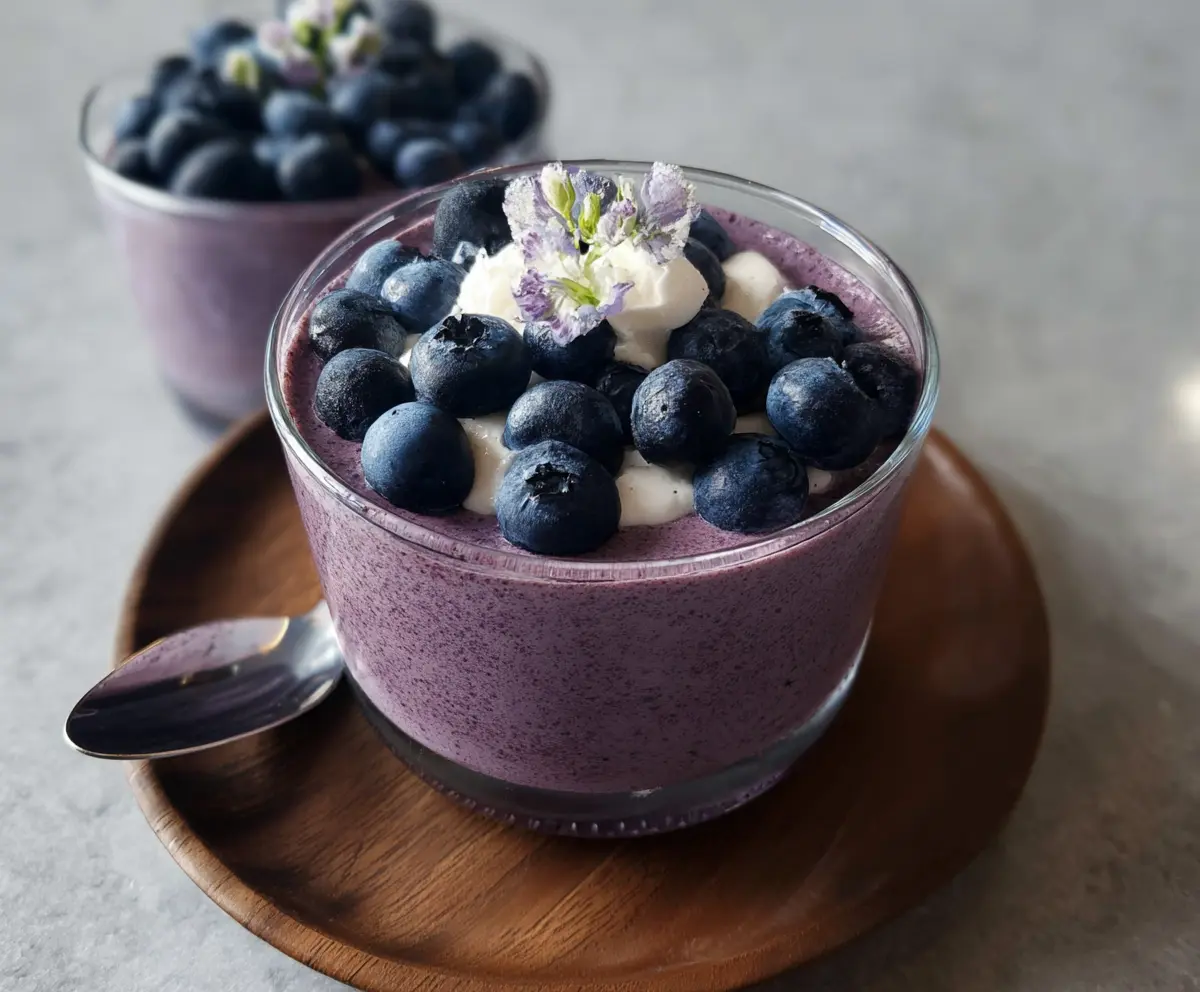 Creamy blueberry cottage cheese mousse garnished with fresh blueberries and mint for a healthy dessert.