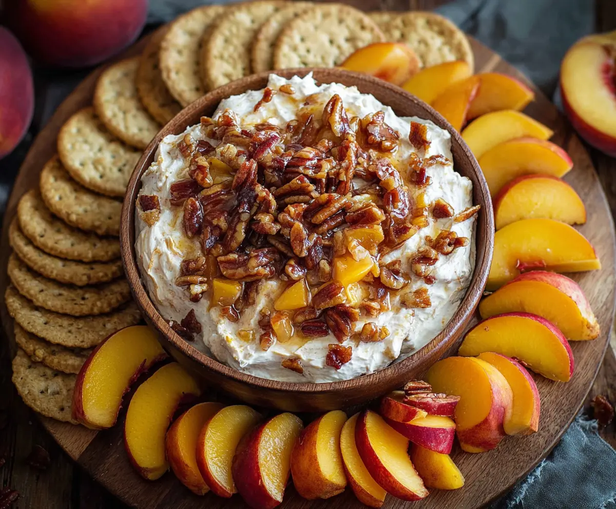 Delicious Bourbon Peach Pecan Dip served with fresh fruit and crackers on a festive platter.