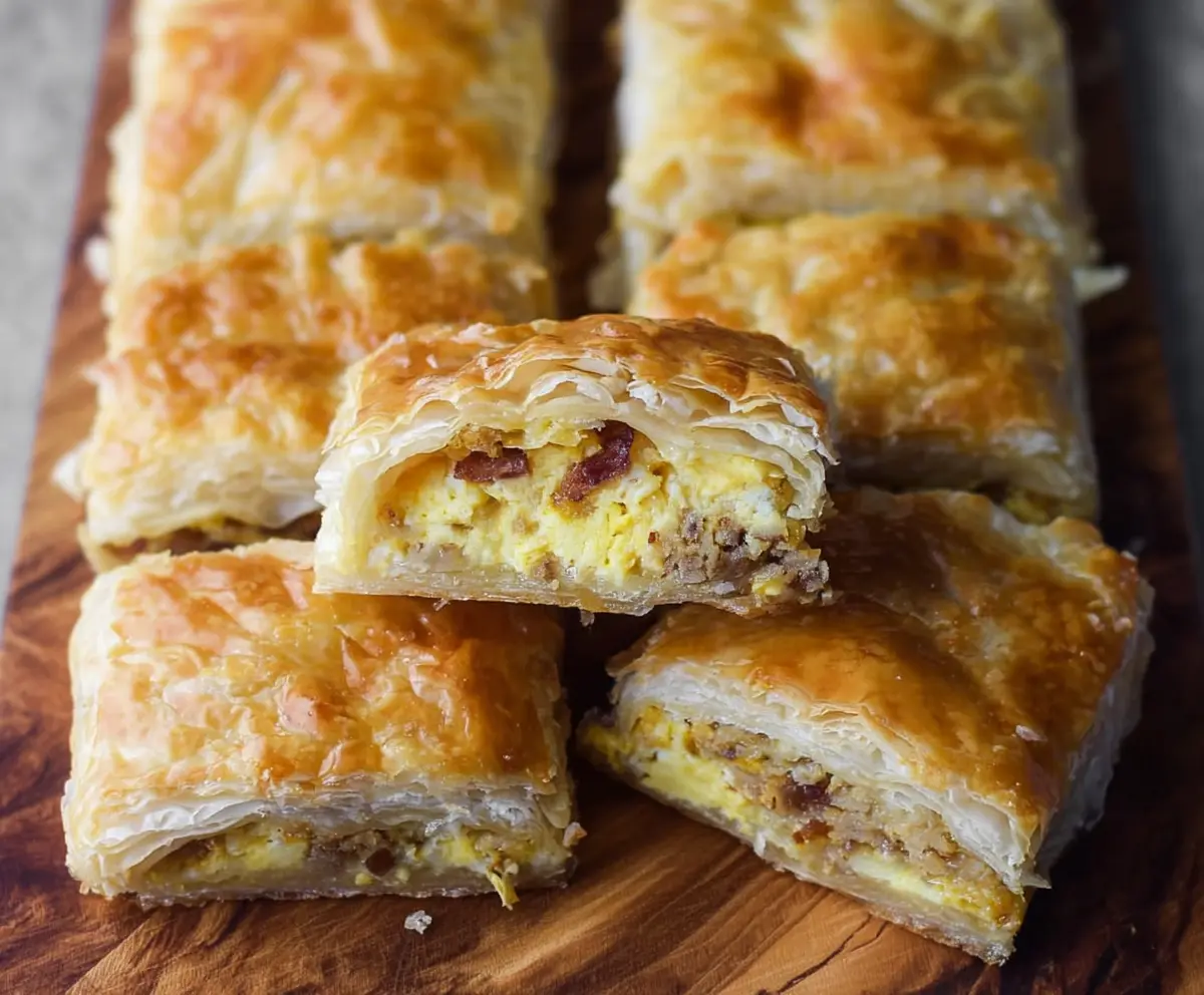 Delicious breakfast stuffed puff pastry bars filled with cheese, eggs, and vegetables.