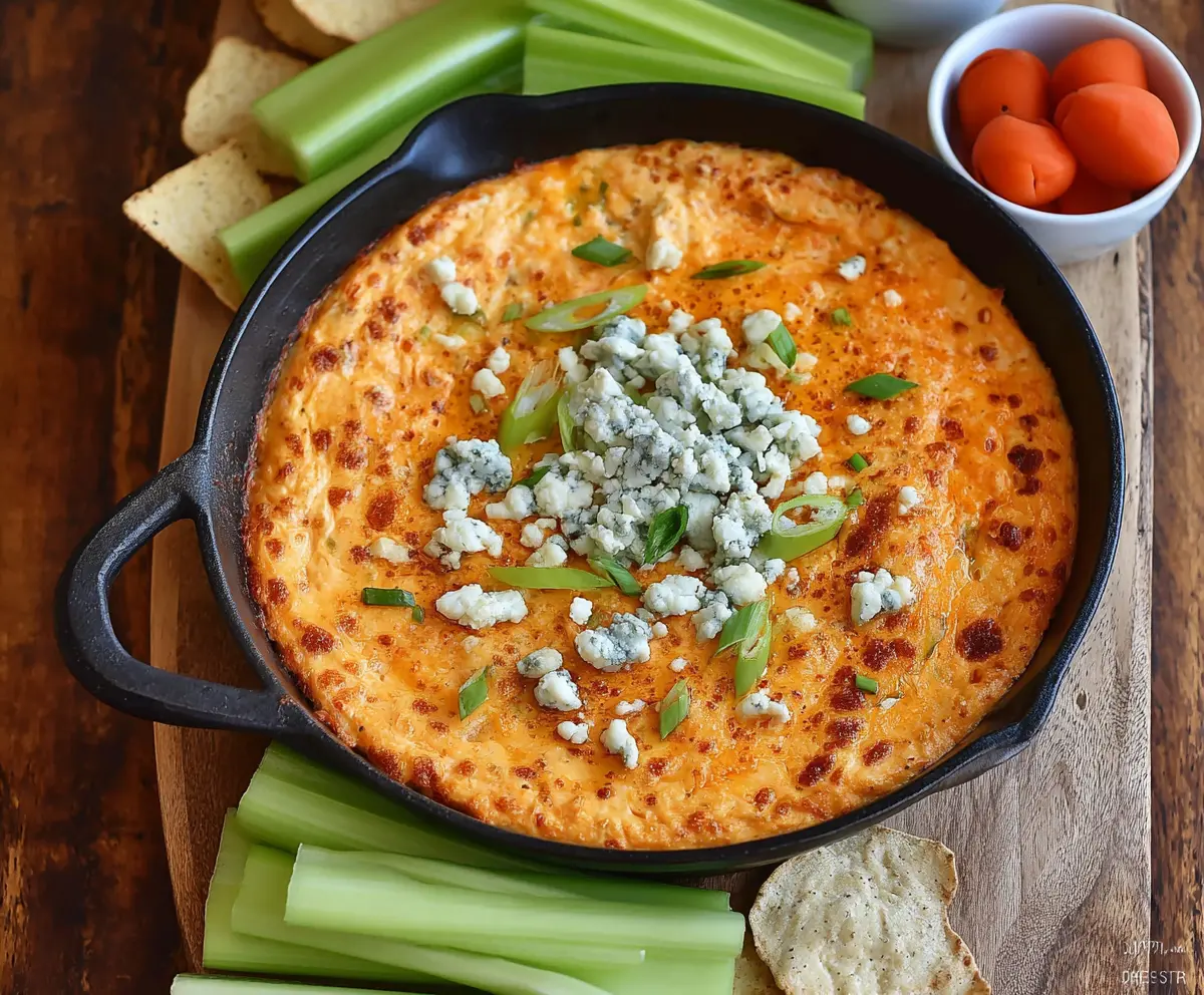 Creamy buffalo chicken dip topped with blue cheese crumbles, perfect for game day snacks.