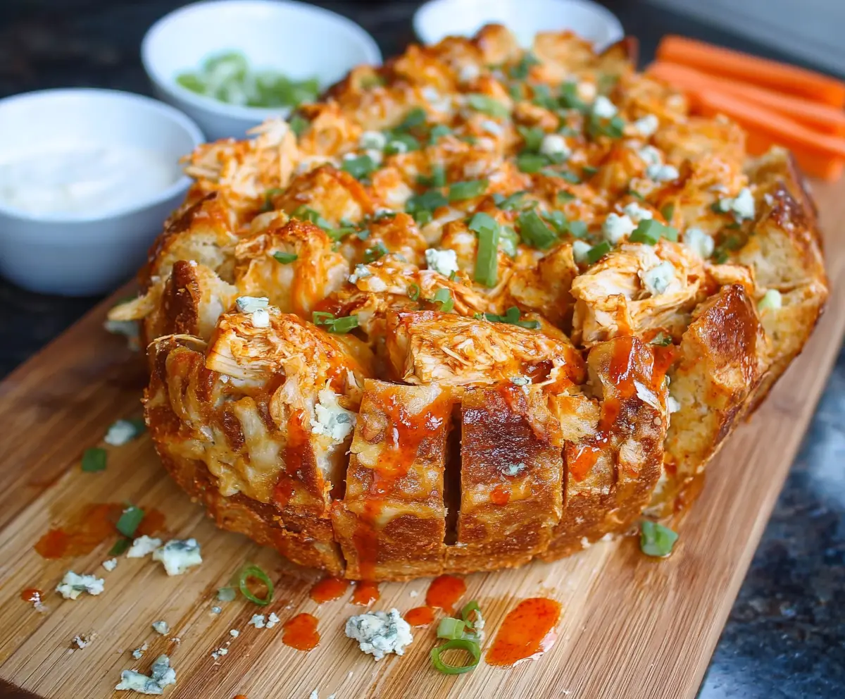 Delicious Buffalo Chicken Pull Apart Bread with melted cheese and spicy sauce.