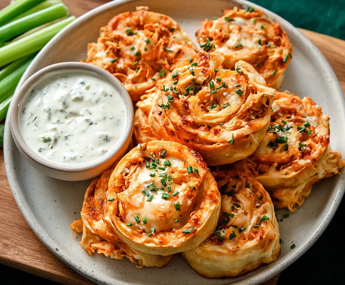 Delicious Buffalo Chicken Ranch Pinwheels fresh from the oven, perfect for snacks or parties.