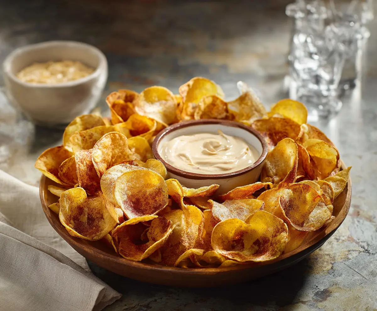 Crispy Buffalo Chips served with spicy Louisiana Hot Dip for a flavorful appetizer.