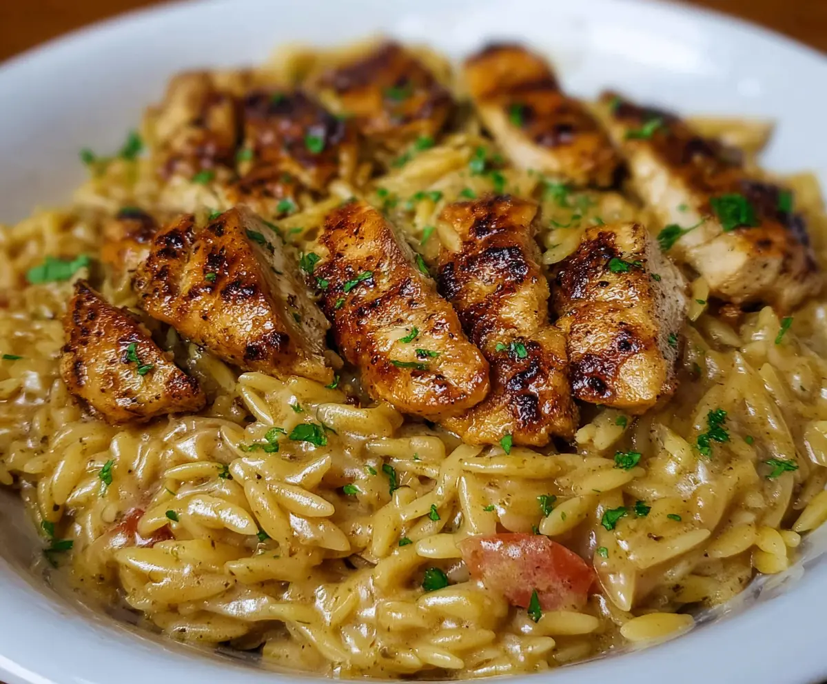 Creamy Cajun Chicken Alfredo Orzo with spices and cheese, served hot.