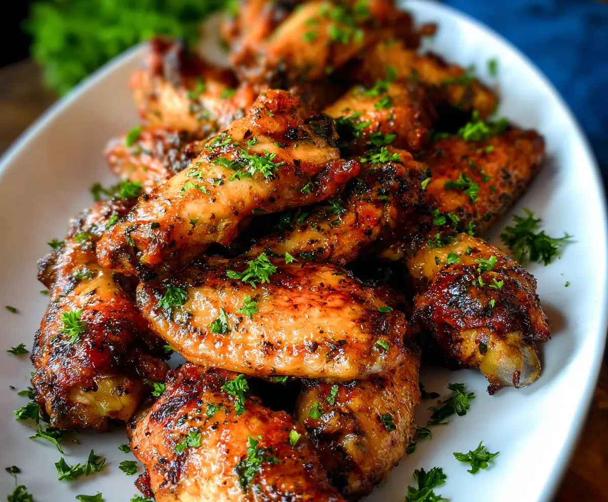 Juicy Cajun Garlic Chicken Wings served with fresh herbs and lemon wedges.