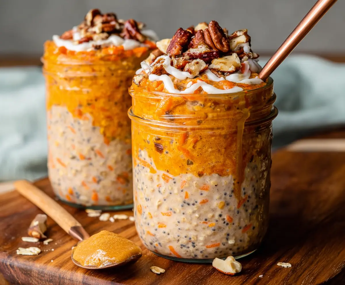 Healthy carrot cake overnight oats in a glass jar topped with grated carrots and crushed nuts