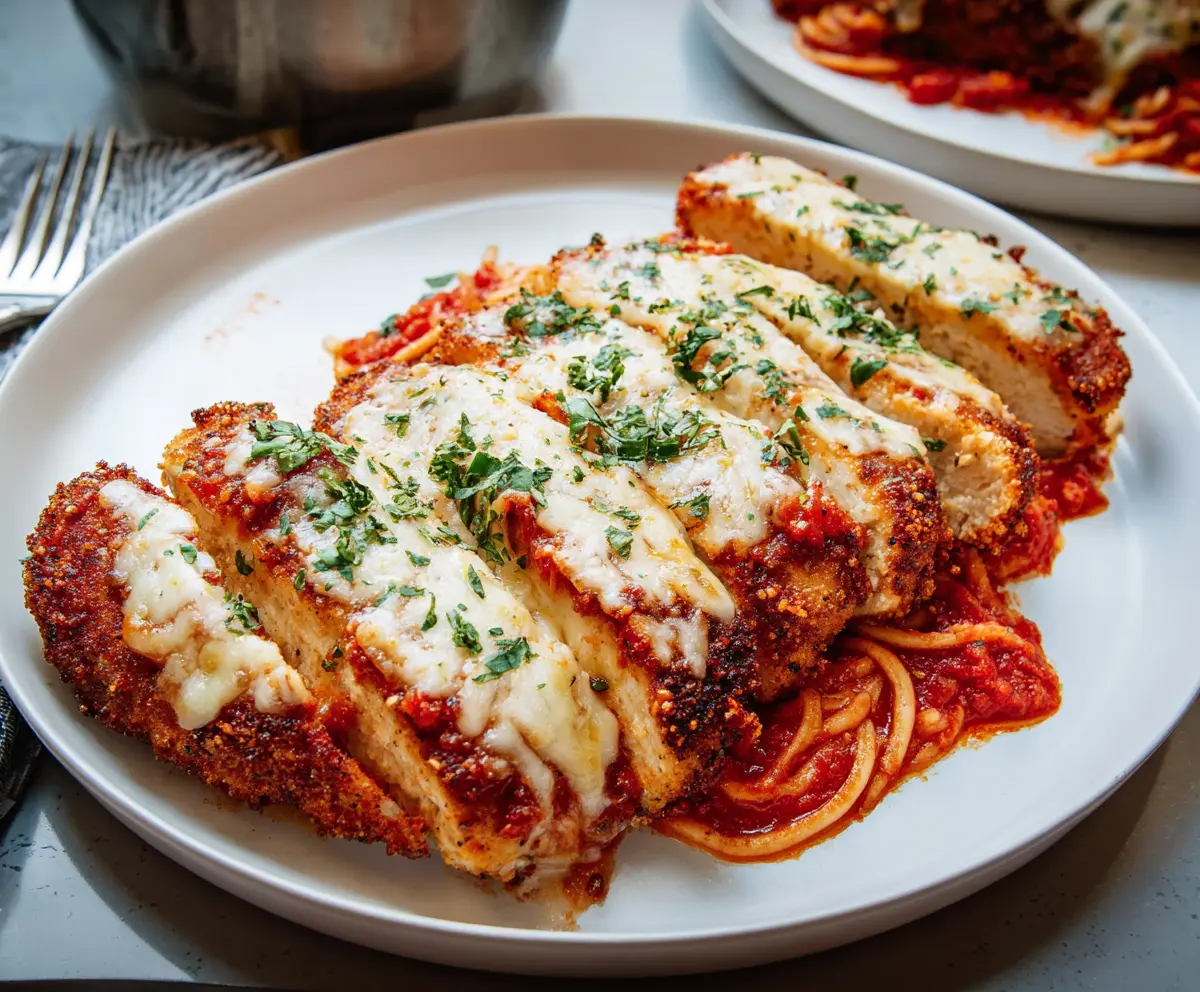 Delicious Chicken Parmesan with melted cheese and golden breadcrumbs on a plate.