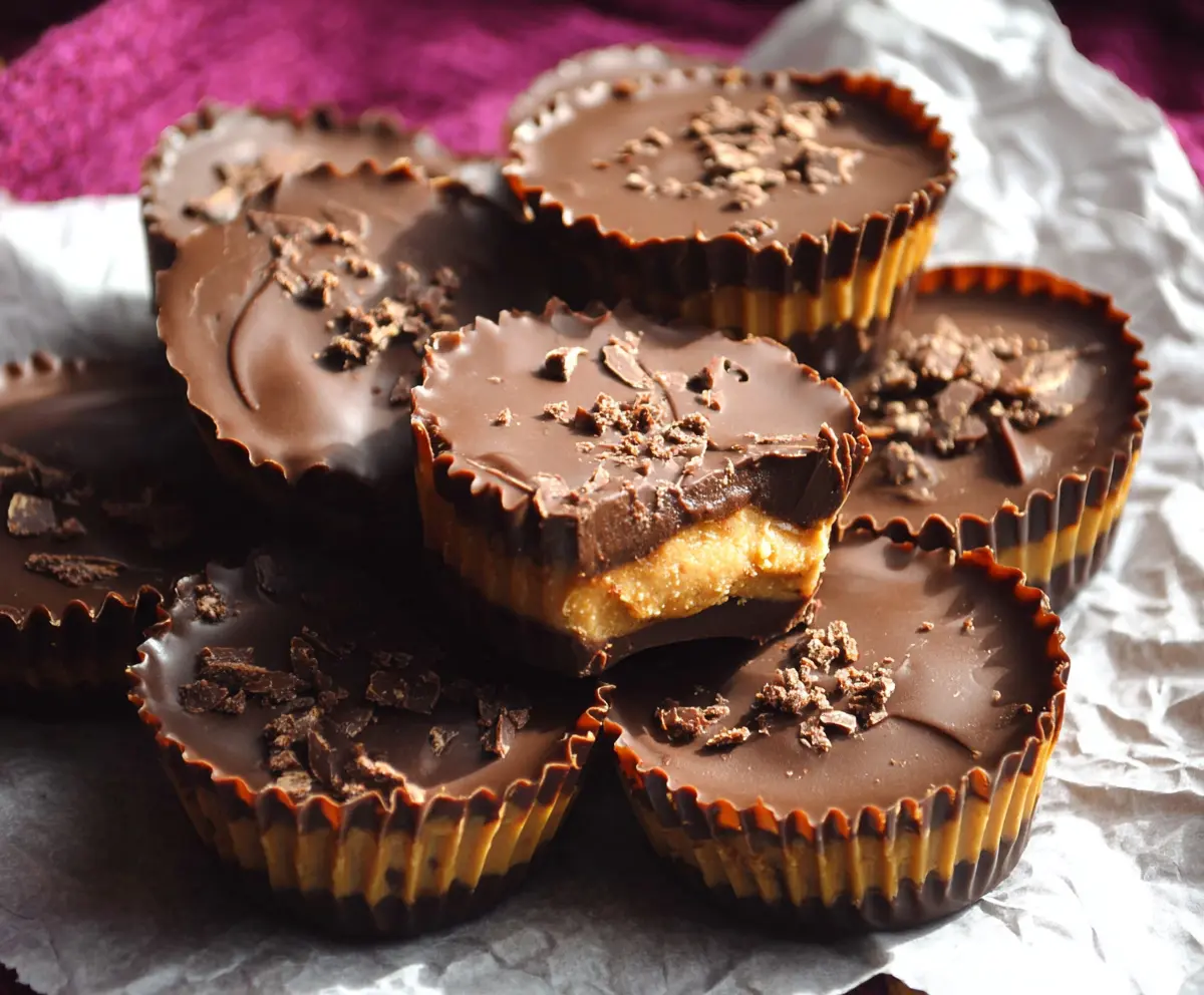 Delicious homemade chocolate peanut butter cups with creamy filling and smooth melted chocolate coating.
