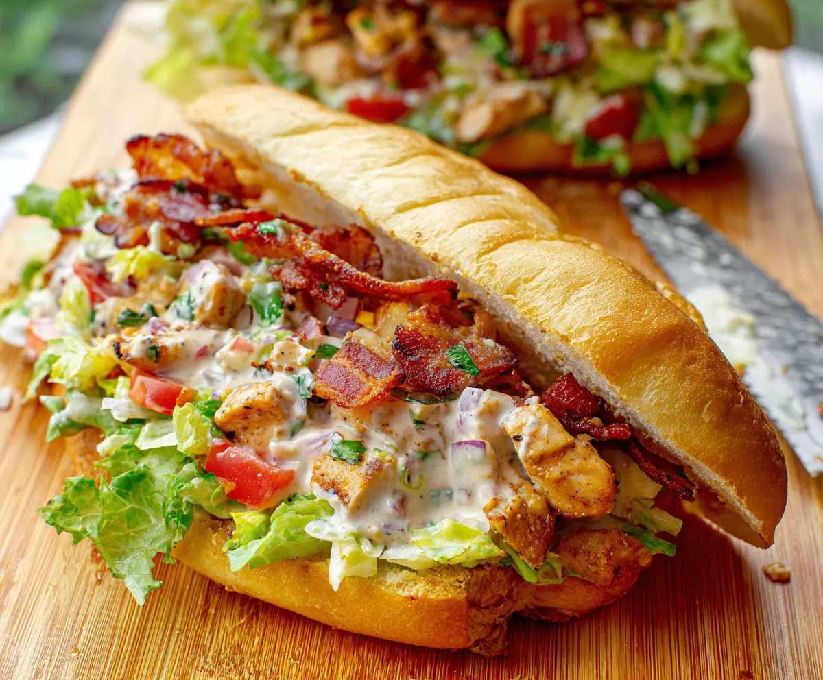 Delicious chopped chicken bacon ranch sandwich with fresh lettuce and melted cheese