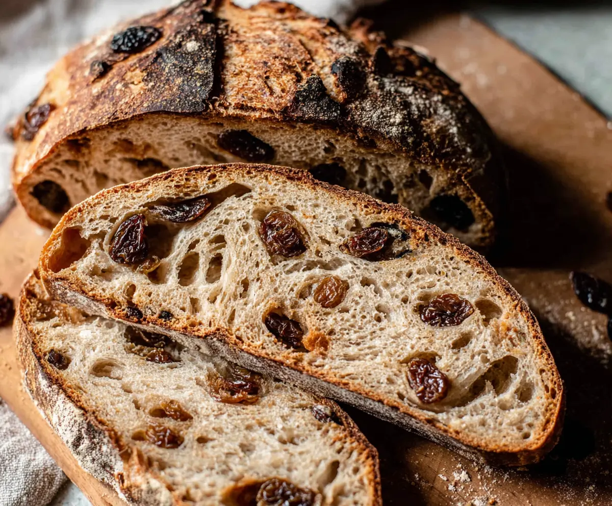 Freshly baked cinnamon raisin sourdough bread sliced on a wooden board, showcasing its golden crust and raisin filling.
