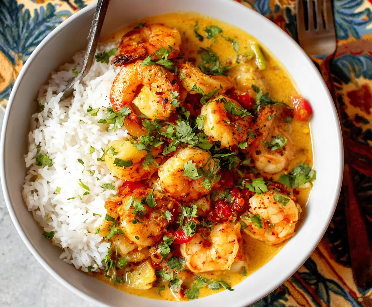 Delicious Coconut Curry Shrimp dish with tender shrimp and creamy coconut sauce served with rice.