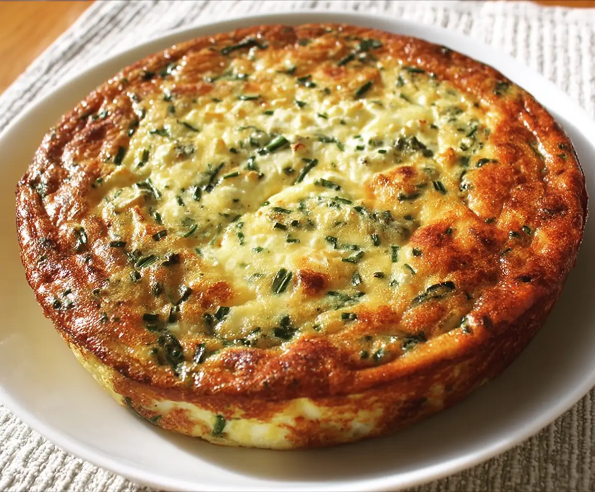 Slice of Cottage Cheese Crustless Quiche garnished with fresh herbs on a white plate.