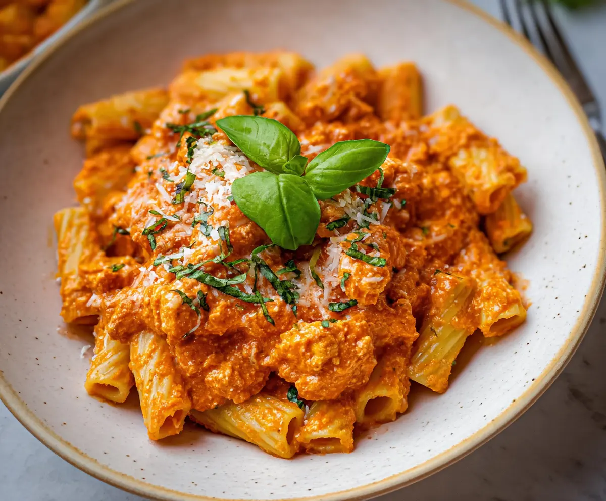 Creamy cottage cheese pasta sauce ready to serve for a delicious meal.