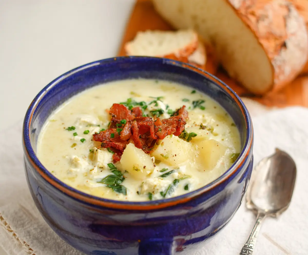 Creamy cottage cheese potato soup served in a bowl, garnished with herbs and spices.