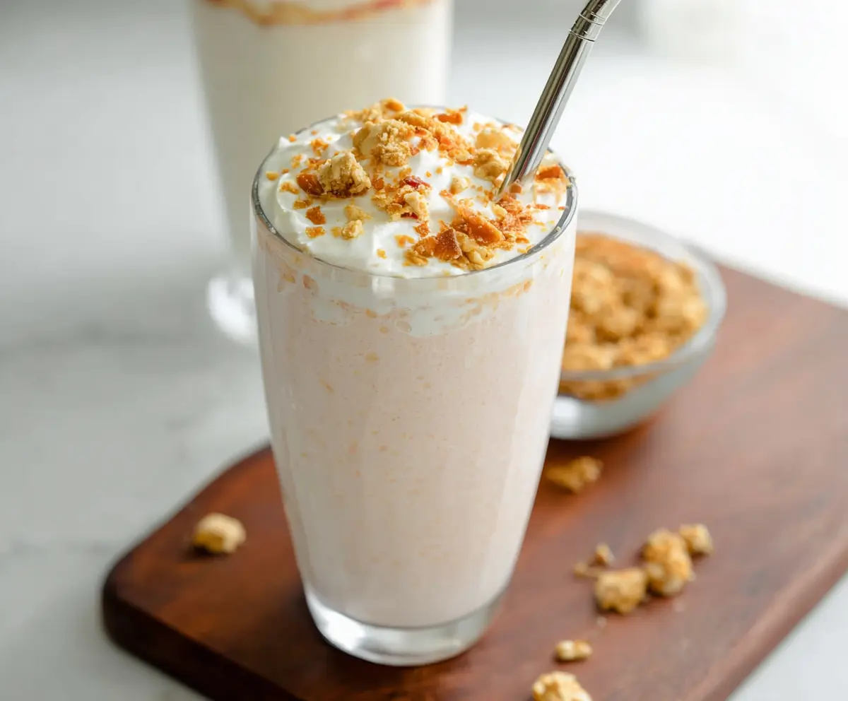 Creamy cottage cheese shake with fresh fruit and a straw, perfect for a healthy breakfast or snack.