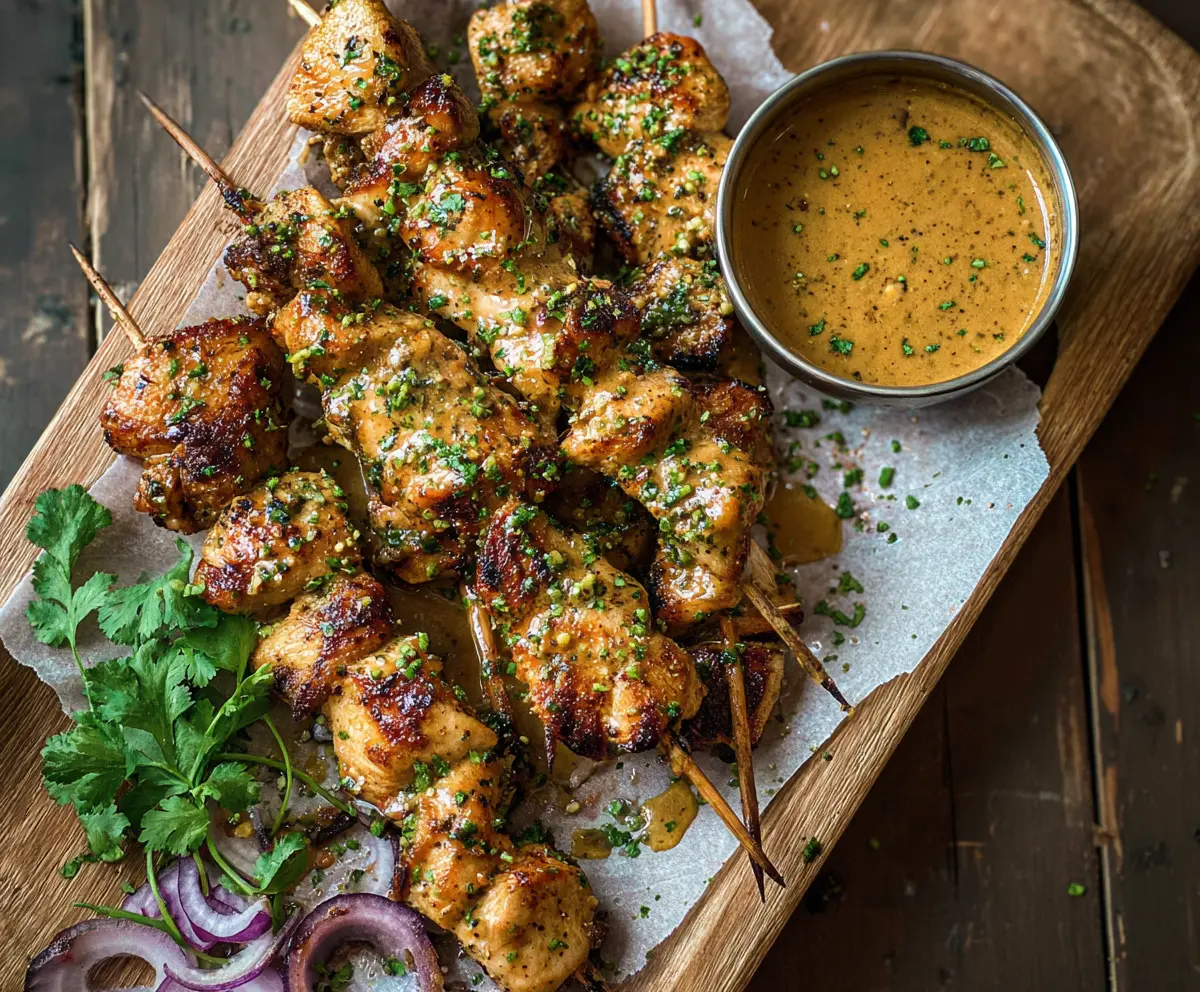 Juicy chicken skewers coated in cowboy butter with herbs and spices, served on a grill.