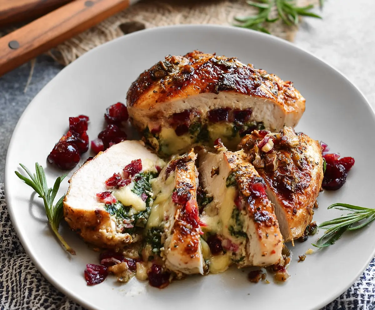 Baked cranberry Brie stuffed chicken breast garnished with fresh herbs