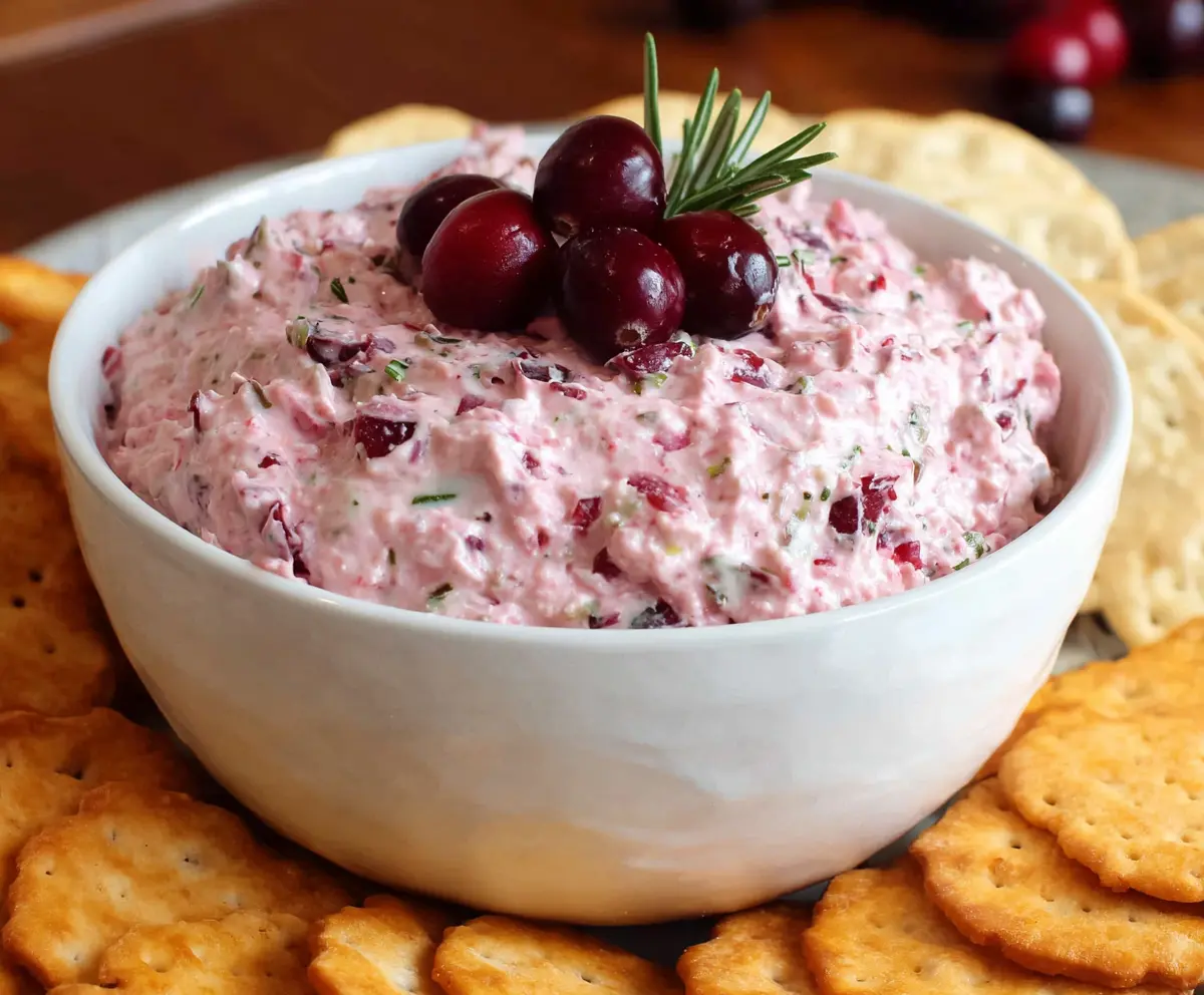 Creamy cranberry and jalapeno dip served with tortilla chips, perfect for appetizers.