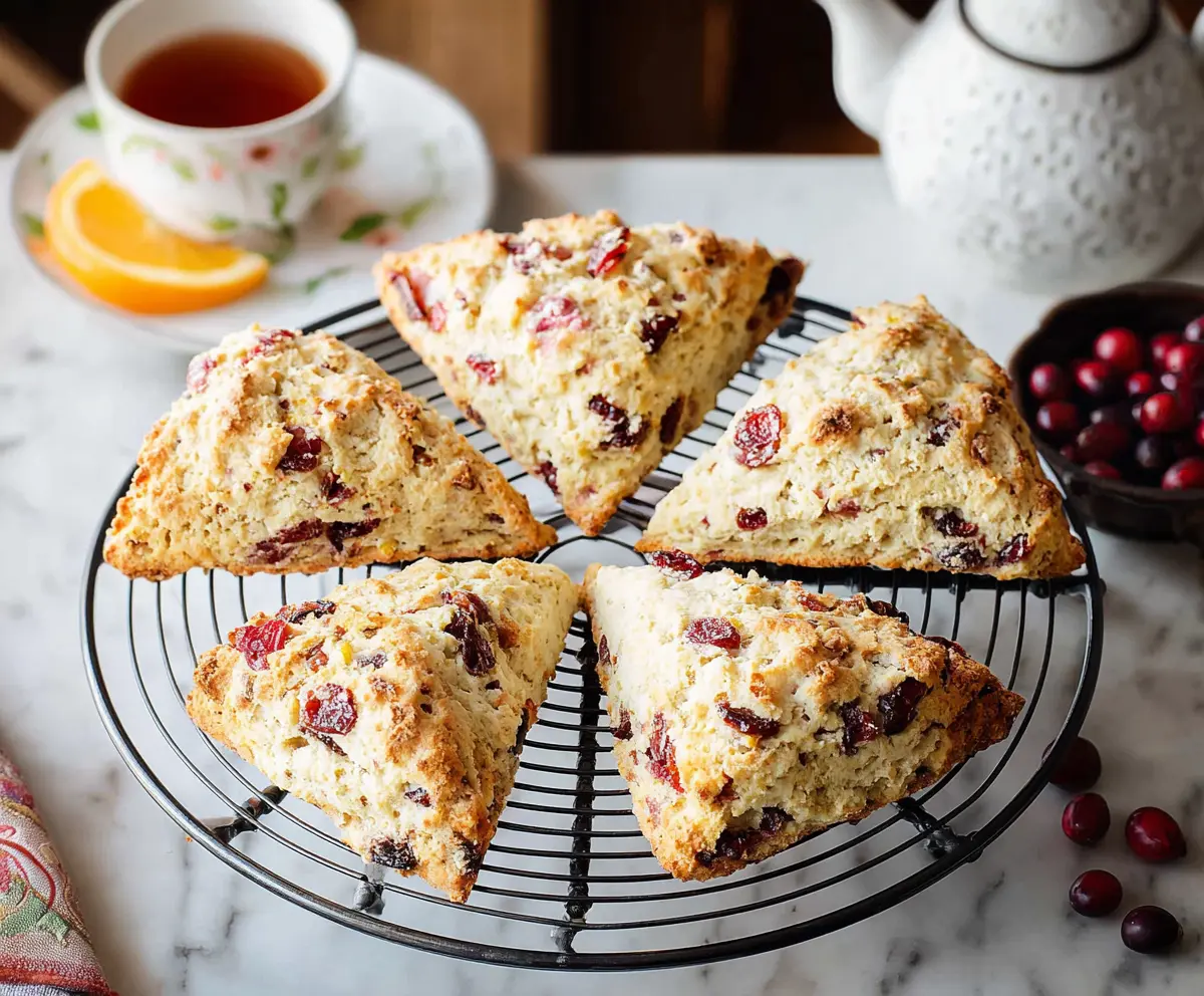 Delicious cranberry orange sourdough scones fresh out of the oven, garnished with orange zest and cranberries.