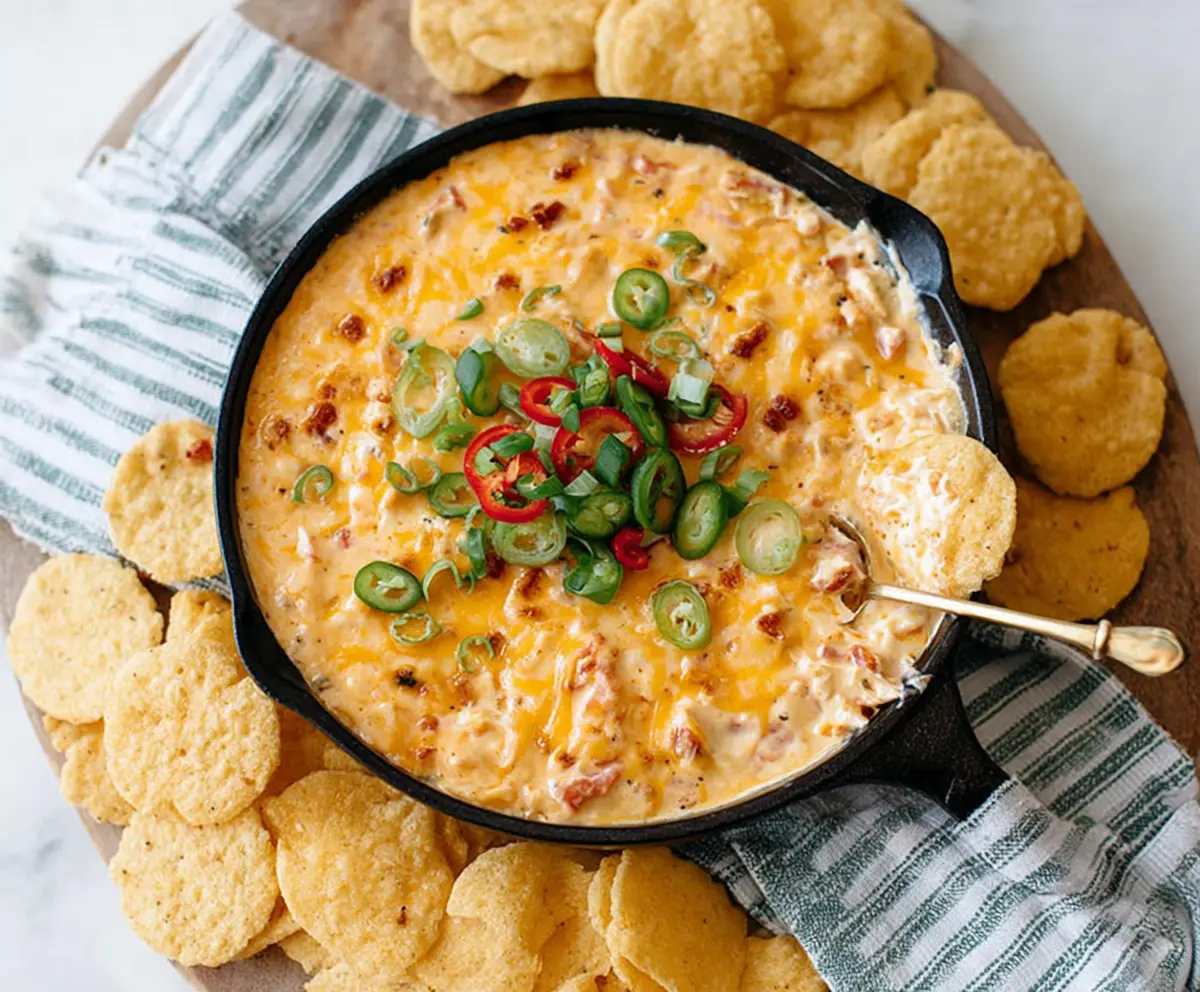 Cream Cheese Rotel Dip in a bowl with melted cheese and diced tomatoes, perfect for parties.