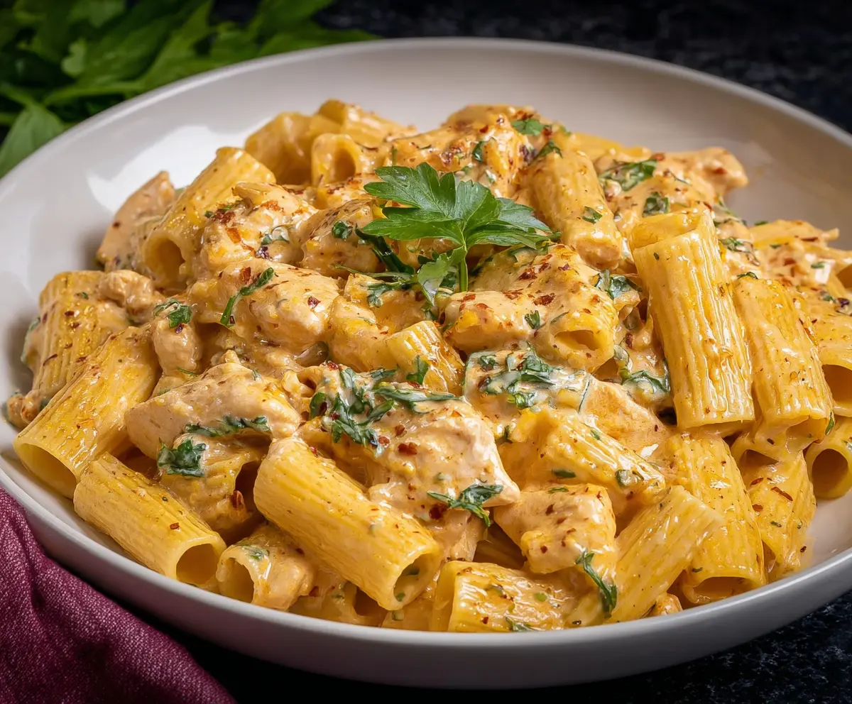 Delicious creamy chicken rigatoni pasta served with herbs and cheese for a satisfying meal.