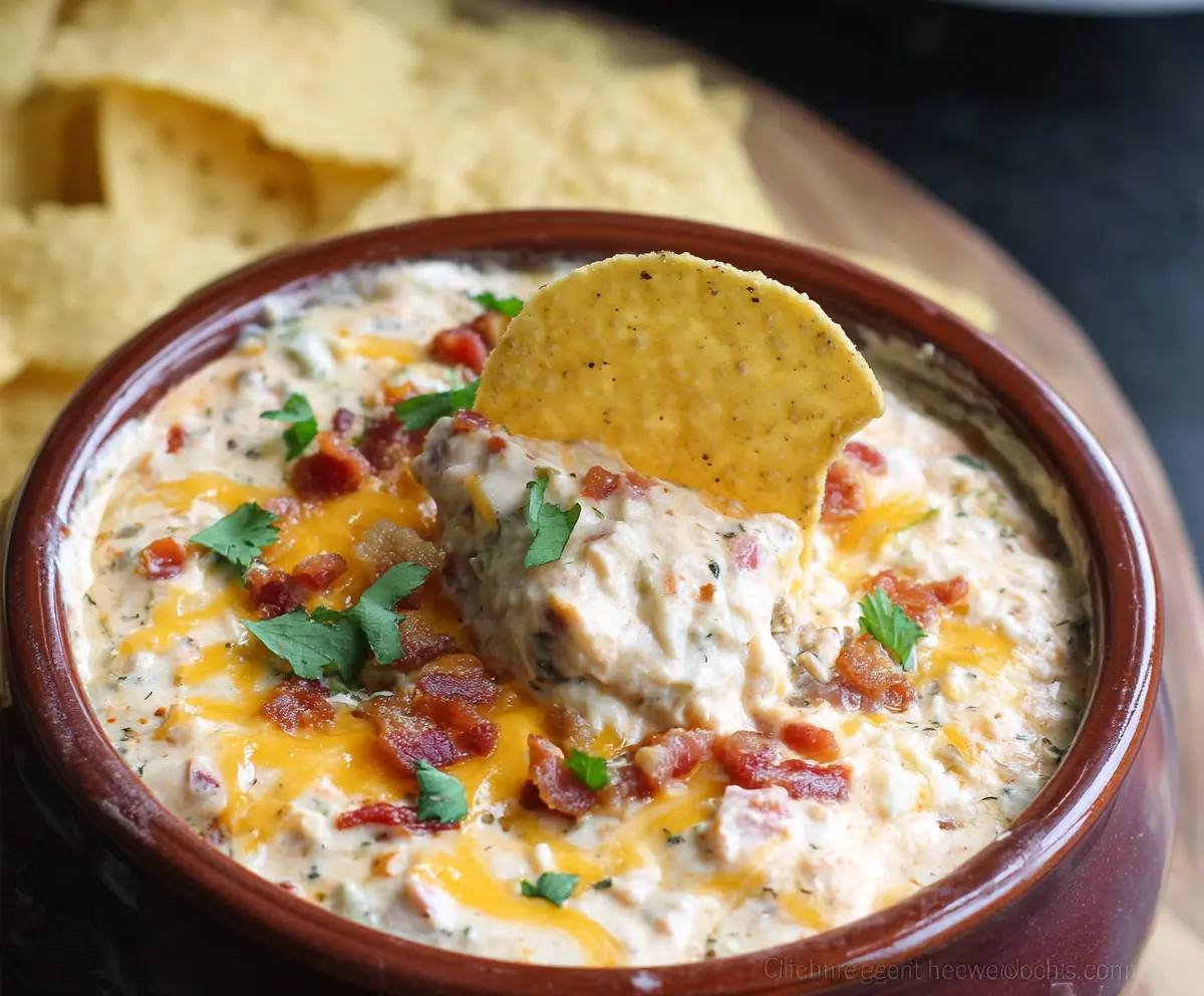 Creamy Crock Pot Crack Dip with cheese, bacon, and green onions in a slow cooker.