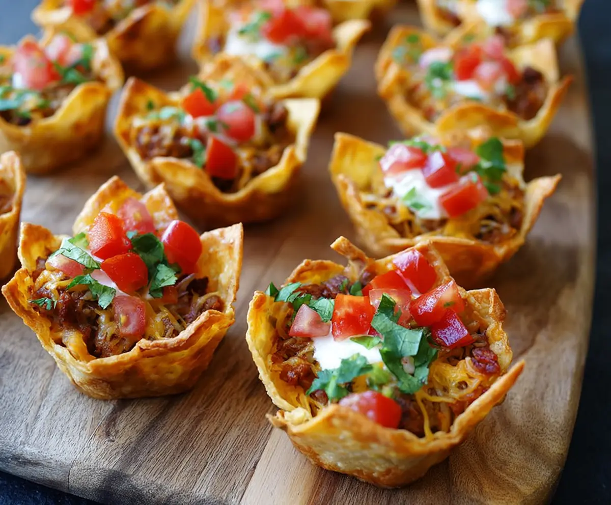 Delicious Crunchy Nacho Cups filled with melted cheese and savory toppings on a rustic plate