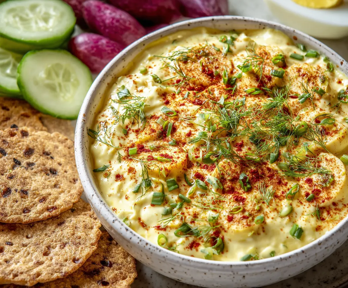 Creamy deviled eggs dip in a bowl topped with paprika, perfect for appetizer snacking.