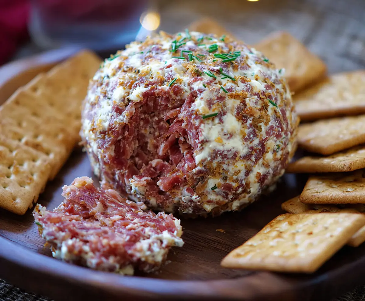 Creamy dried beef cheese ball appetizer with a crispy coating, perfect for parties and gatherings.