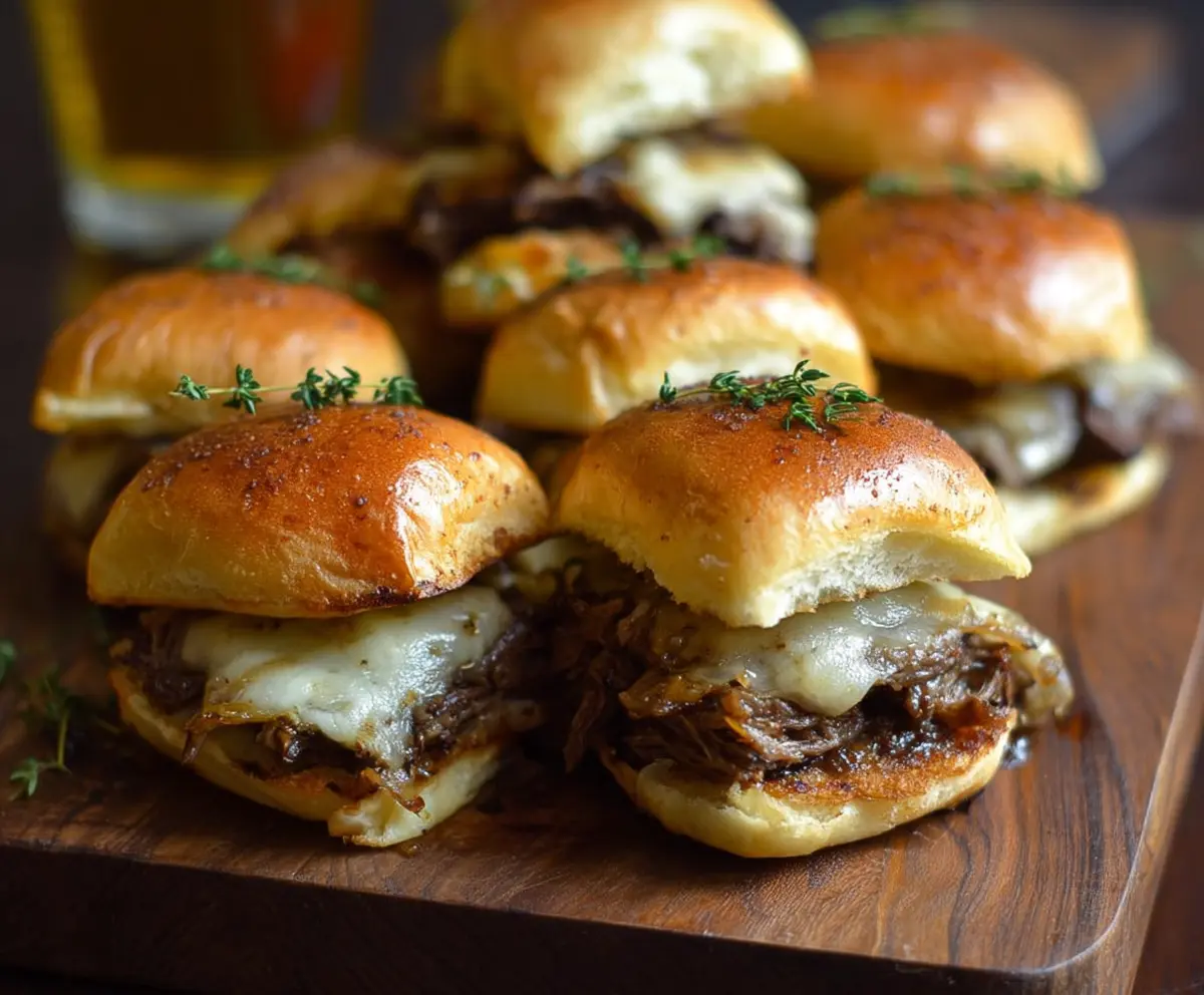 Delicious French Onion Beef Sliders topped with melted cheese on a serving platter.
