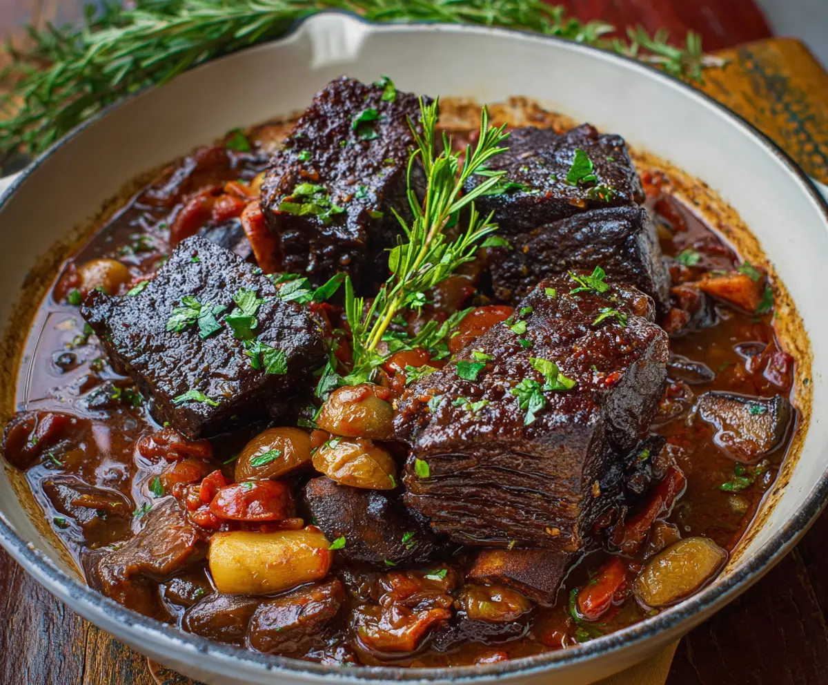 Delicious French-style braised short ribs with tender meat and flavorful sauce served on a plate.