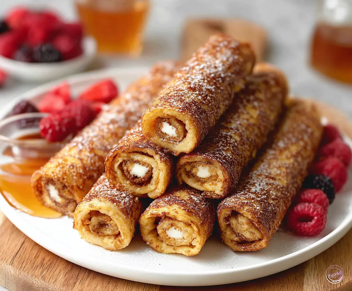 Delicious French Toast Roll Ups filled with cream cheese and berries, served with syrup.