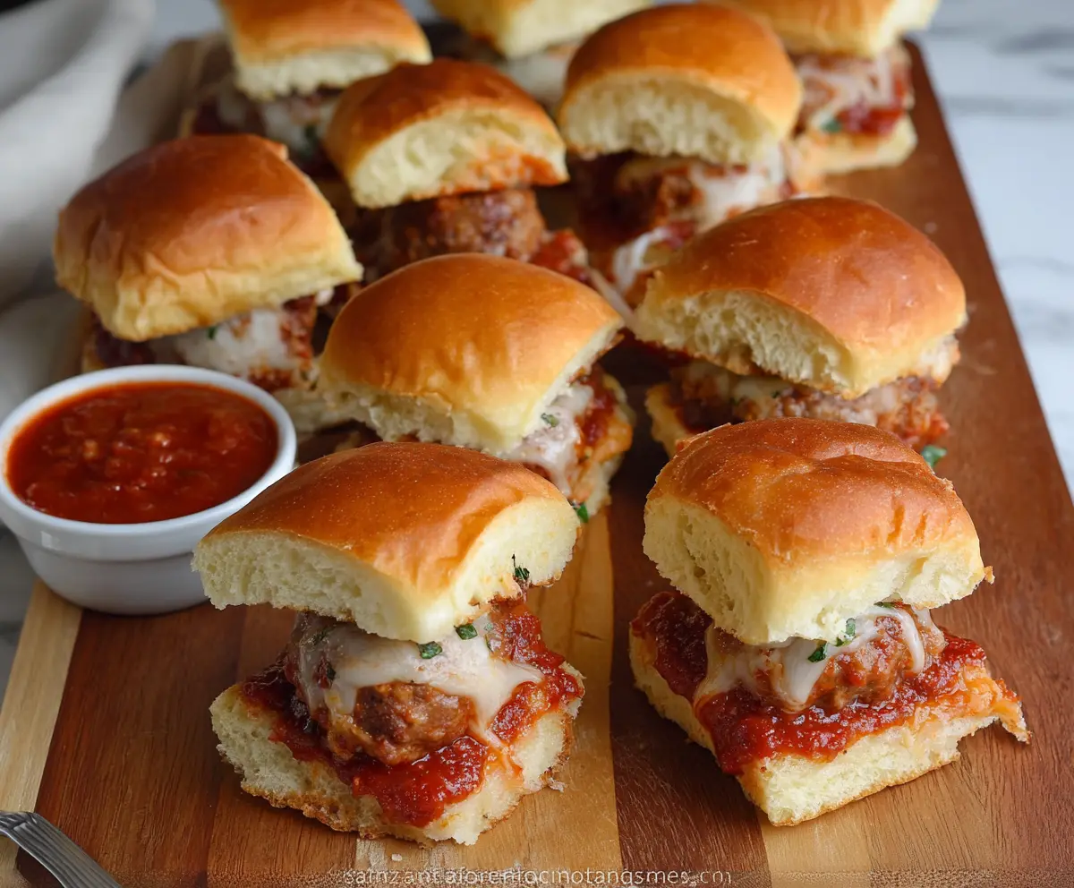 Delicious Game Day Meatball Sliders with melted cheese and fresh herbs served on a bun.