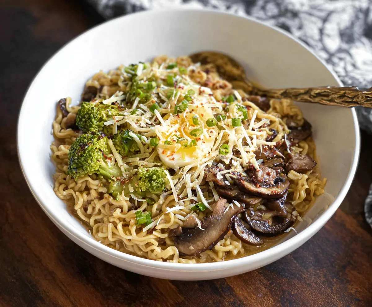Bowl of Garlic Parmesan Ramen with creamy broth, garnished with fresh herbs and grated cheese