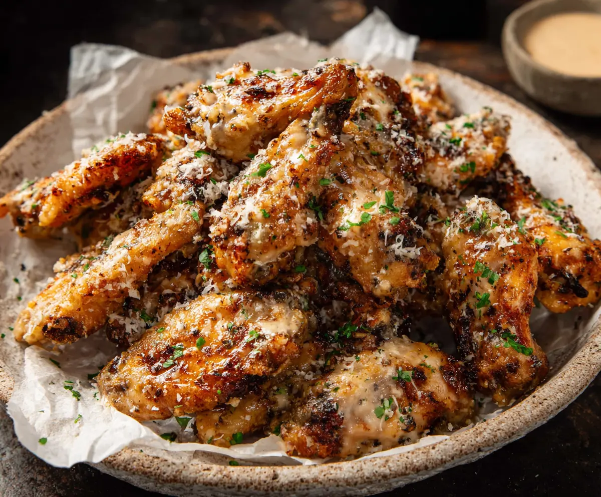 Delicious Garlic Parmesan Wings with crispy coating and flavorful herbs on a serving plate.