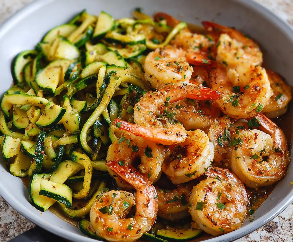 Delicious garlic shrimp with zucchini served on a white plate, perfect for a healthy seafood meal.