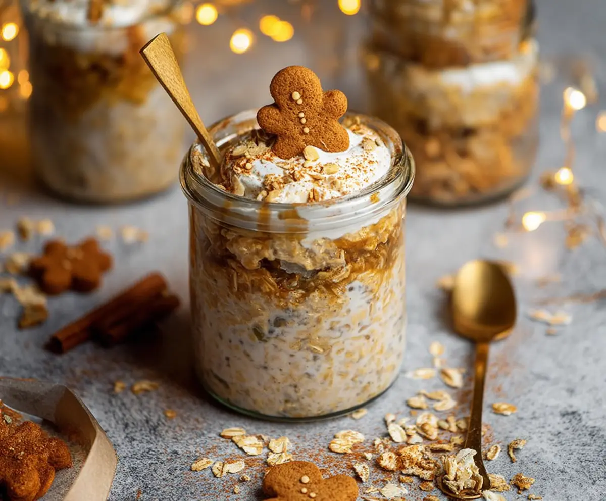 Creamy gingerbread overnight oats with cinnamon and molasses in a glass jar