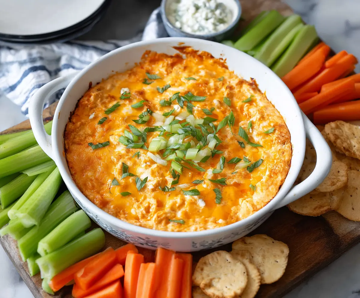 Creamy Greek Yogurt Buffalo Chicken Dip served in a bowl with celery sticks for a flavorful appetizer.