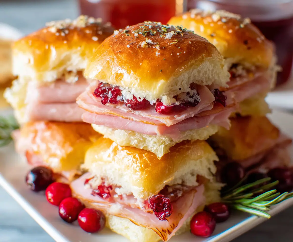 Delicious ham and cranberry sliders on a platter, perfect for parties and gatherings.