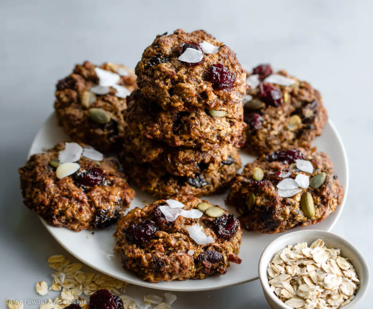 Homemade healthy breakfast cookies with oats, nuts, and dried fruits on a white plate.