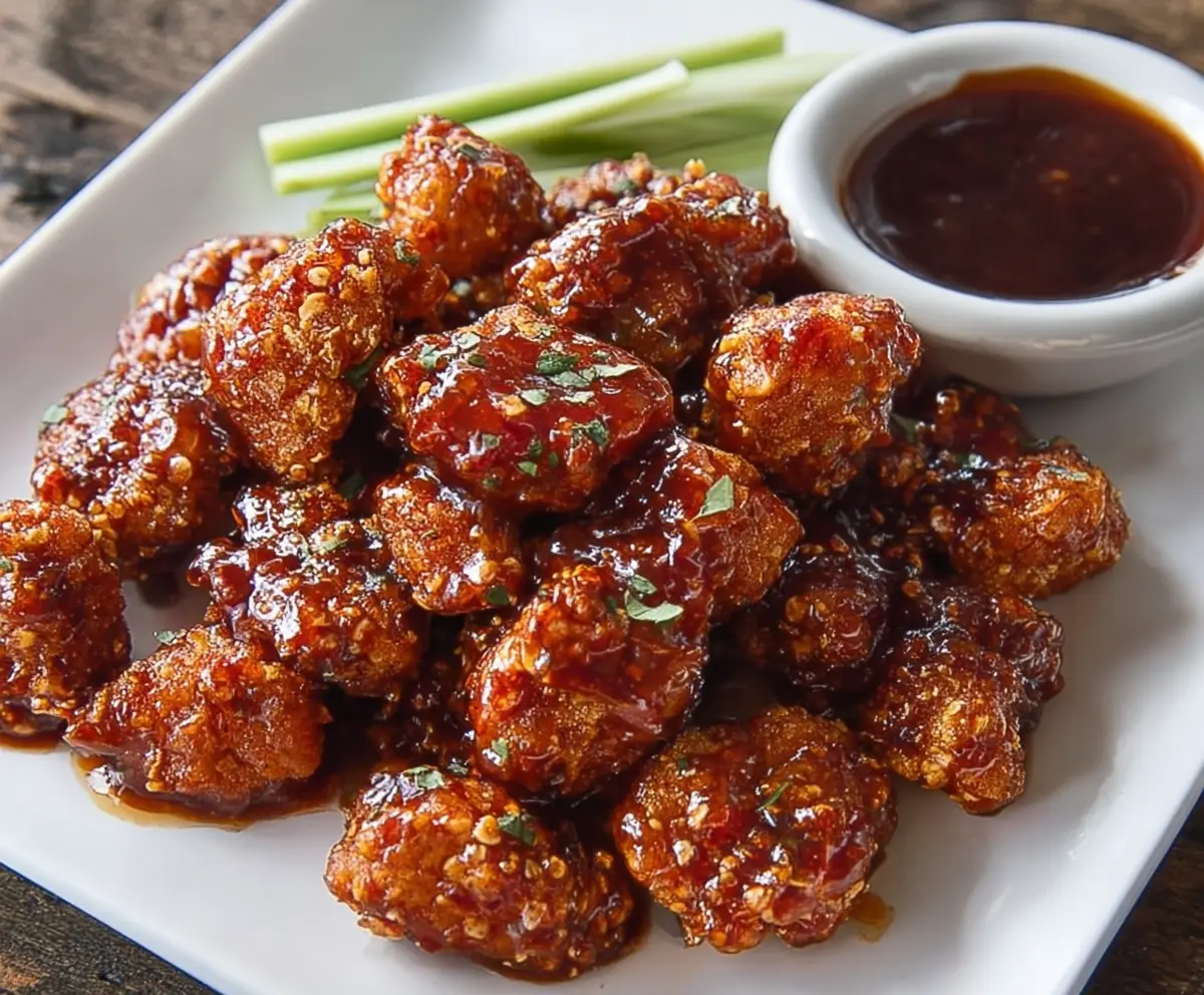 Crispy honey BBQ popcorn chicken served on a plate, garnished with fresh herbs for a flavorful snack.