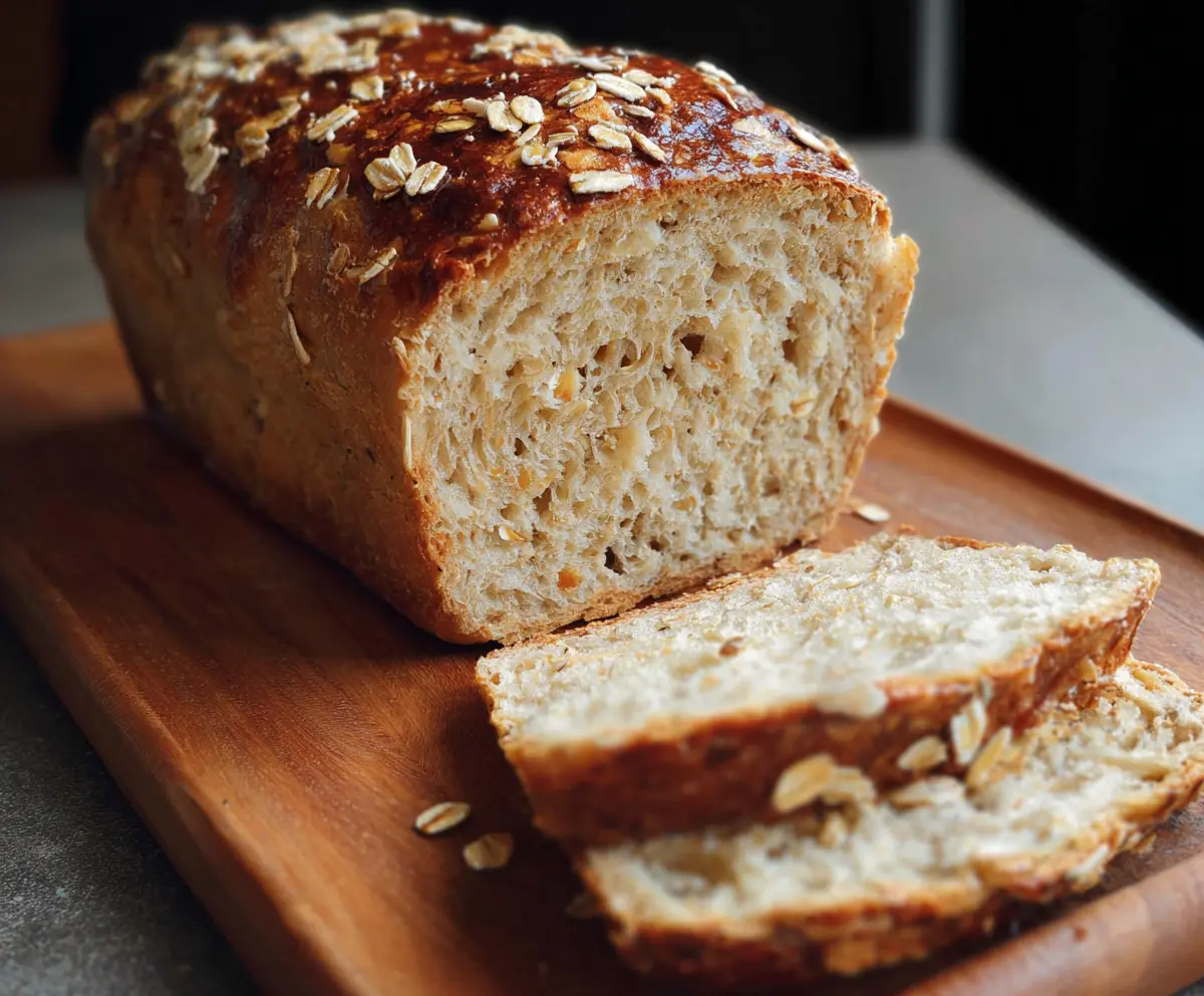 Freshly baked Honey Oat Sourdough Sandwich Bread sliced on a wooden cutting board.