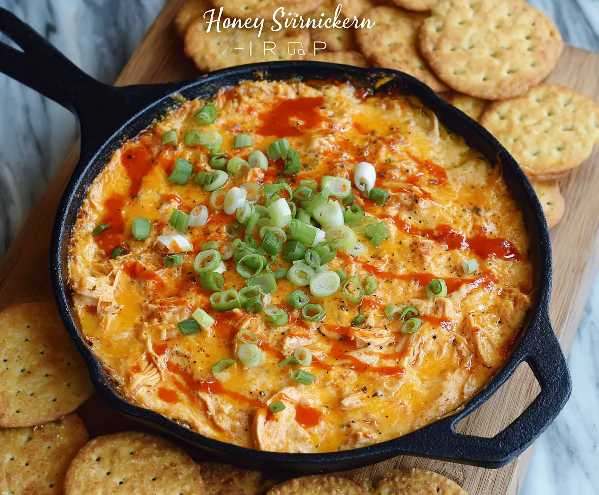 Creamy Honey Sriracha Chicken Dip served with crunchy chips on a colorful platter.