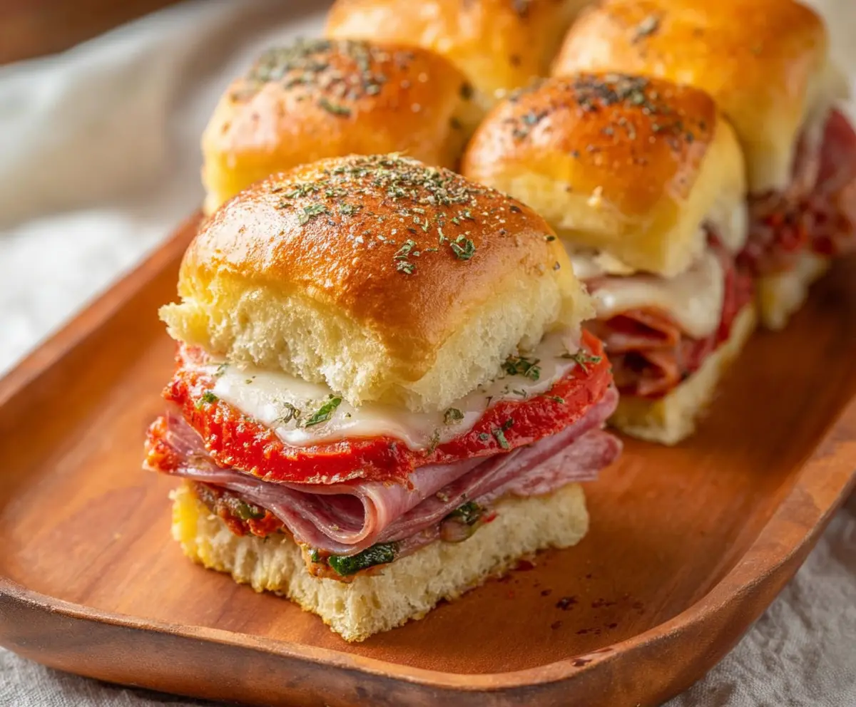 Delicious Hot Italian Sub Sliders with melted cheese, pepperoni, and savory toppings on a platter.