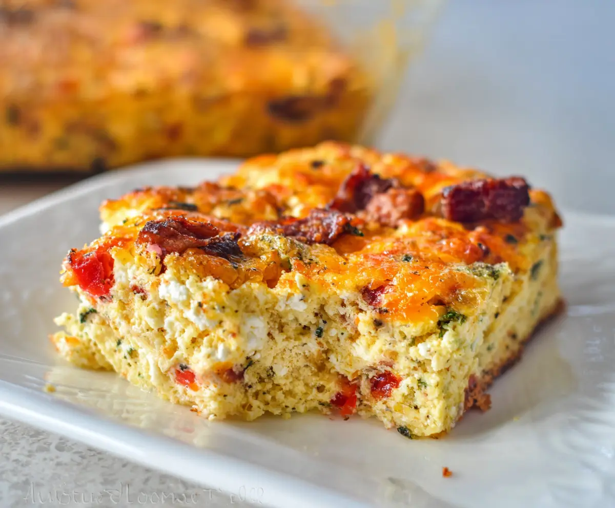 Delicious high-protein cottage cheese breakfast casserole topped with fresh herbs on a rustic plate.