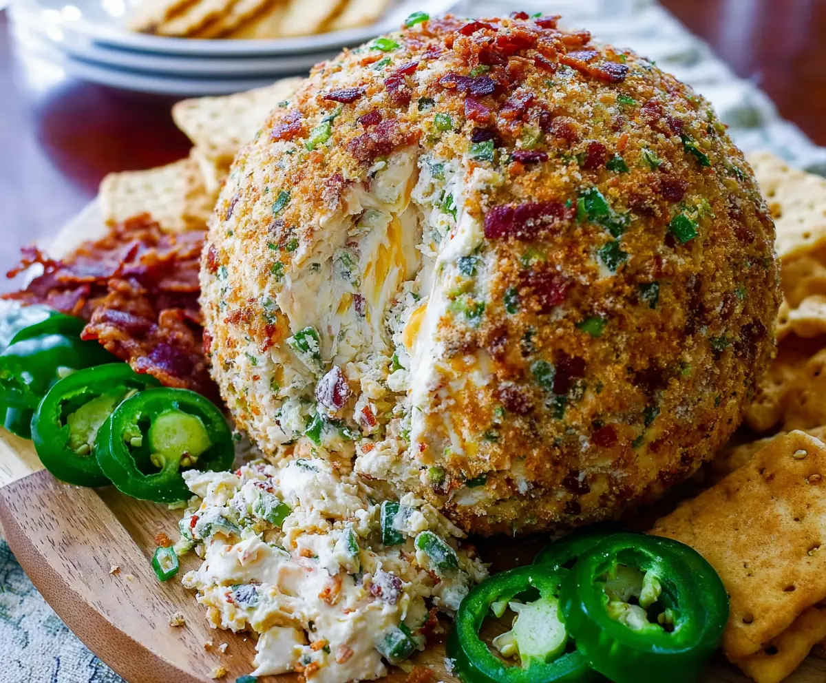 Creamy jalapeno popper cheese ball coated in herbs, perfect for appetizers and parties.