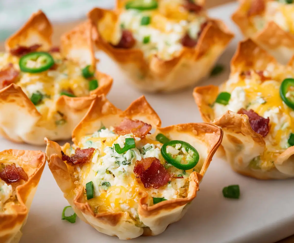 Crispy Jalapeño Popper Wonton Cups filled with creamy cheese and spicy jalapeños, served as a delicious appetizer.