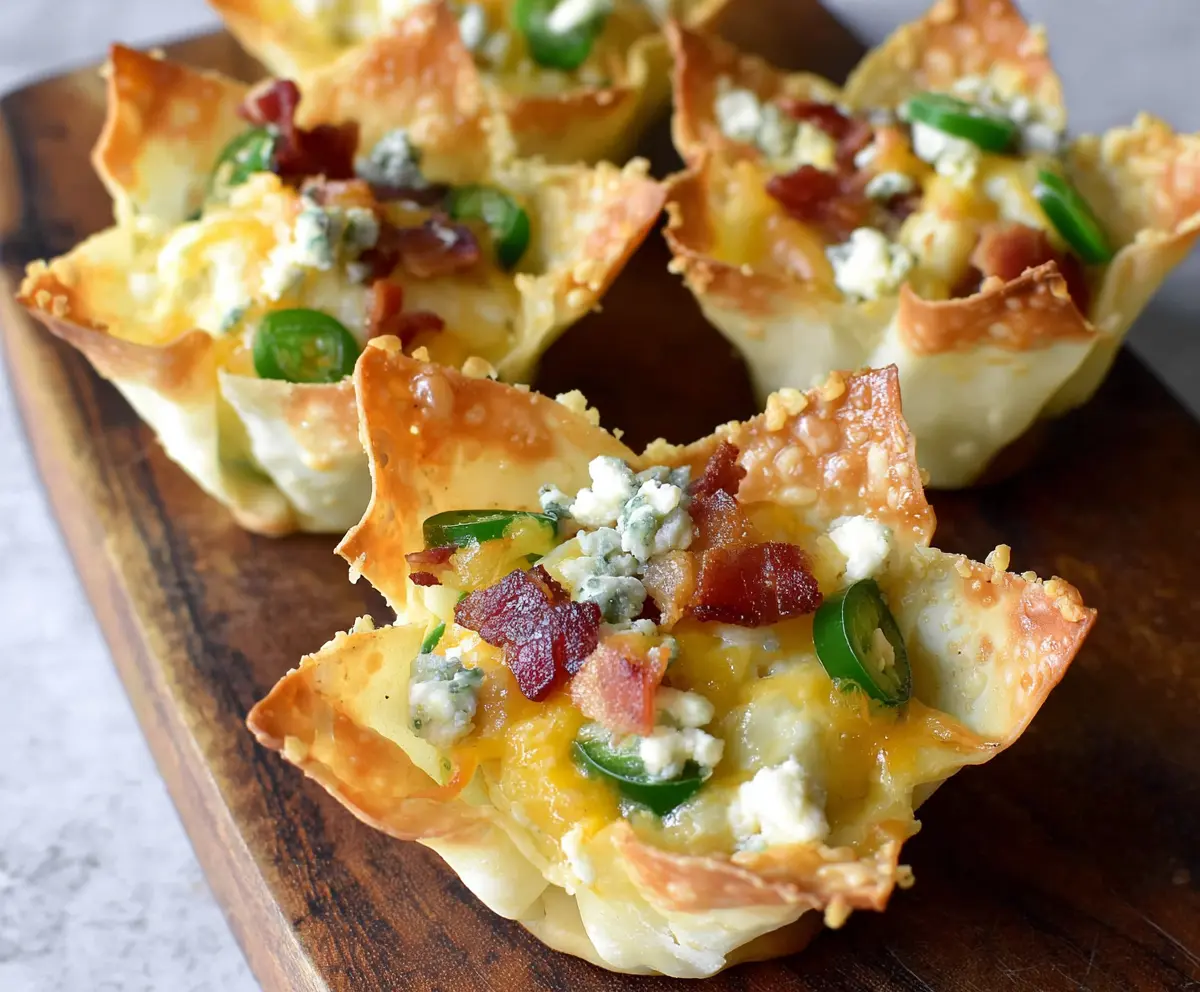 Delicious Jalapeno Popper Wonton Cups filled with cheesy, spicy jalapenos and creamy filling.